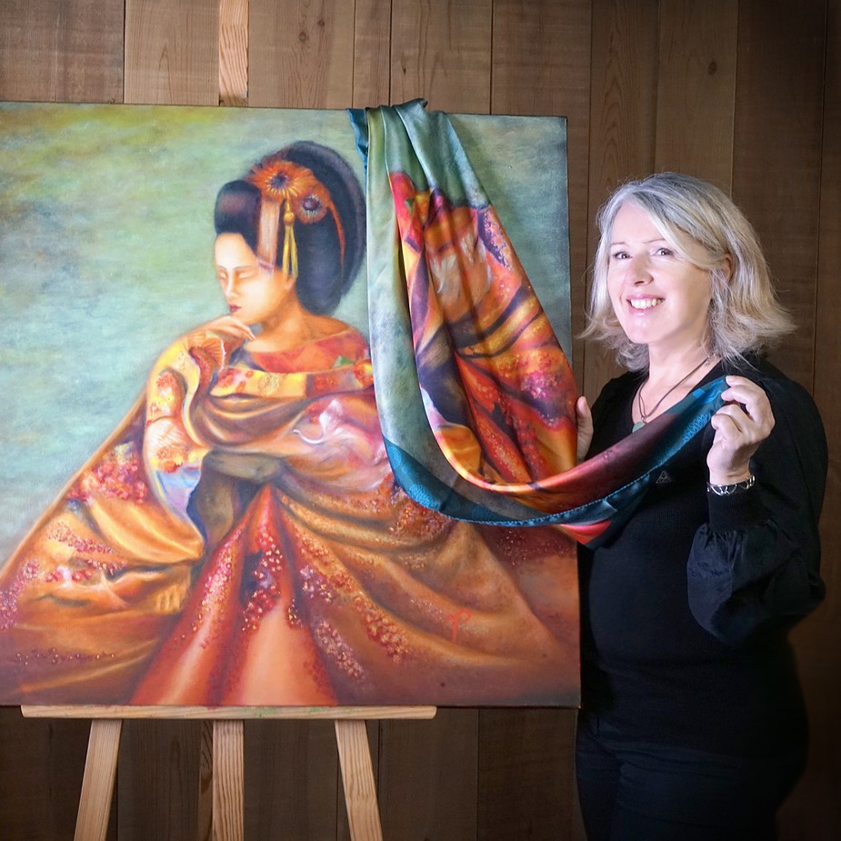Foulard d'artiste en soie à partir d'un tableau- Portrait de soie. Créé et Produit en France.