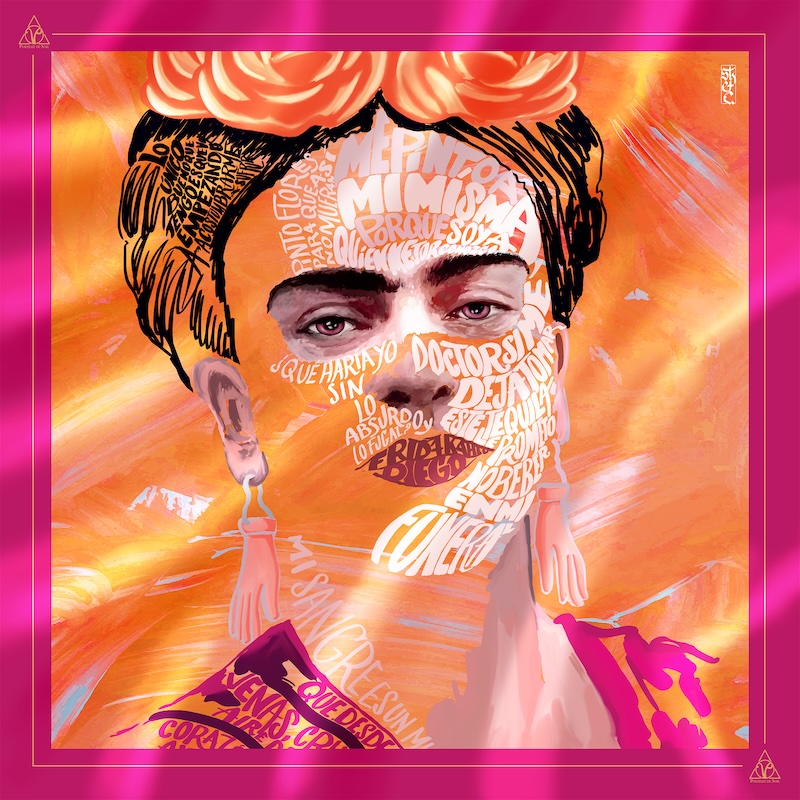 Foulard de soie orange Calligrame Frida Khalo